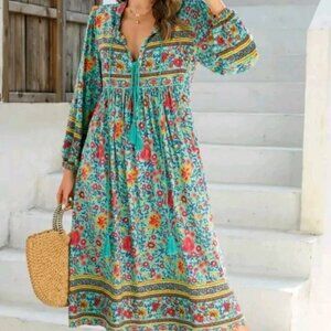 Bohemian Dress Women's XL R. Vivimos Floral Boho Hippie Maxi Festival Dopamine